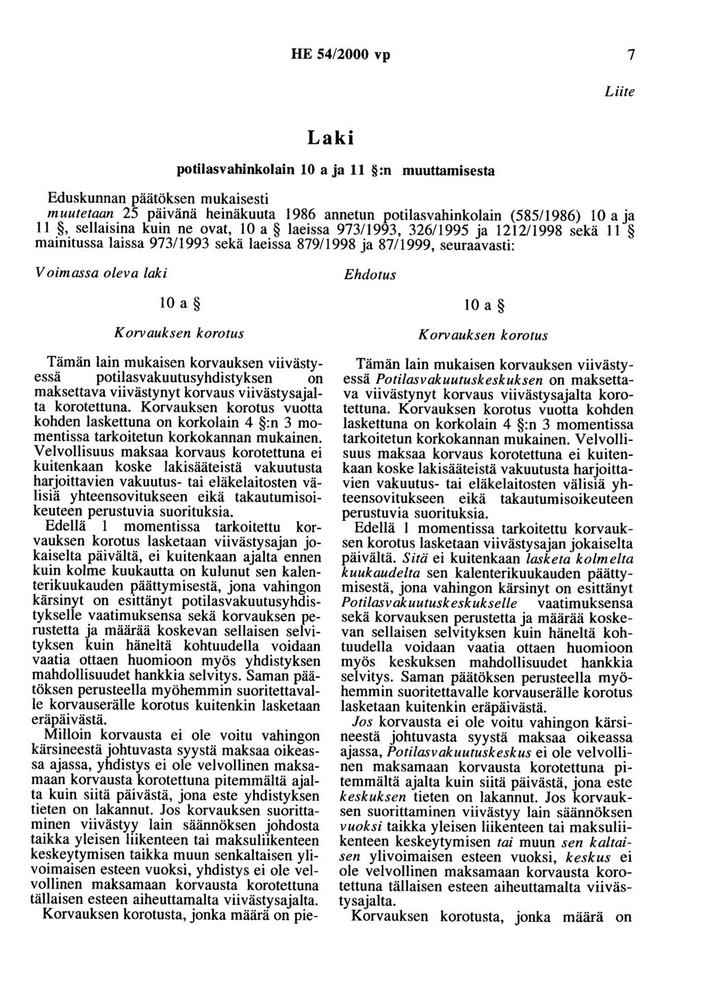 HE 54/2000 vp 7 Liite Laki potilasvahinkolain 10 aja 11 :n muuttamisesta Eduskunnan päätöksen mukaisesti muutetaan 25 päivänä heinäkuuta 1986 annetun potilasvahinkolain (585/1986) 10 aja 11,