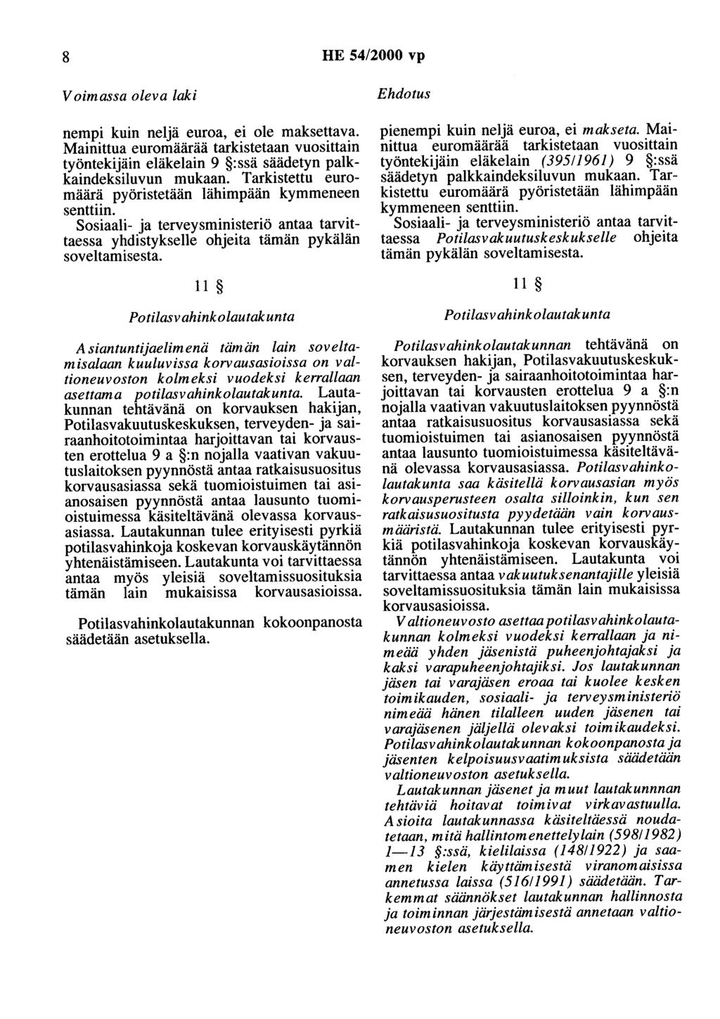 8 HE 54/2000 vp Voimassa oleva laki nempi kuin neljä euroa, ei ole maksettava. Mainittua euromäärää tarkistetaan vuosittain työntekijäin eläkelain 9 :ssä säädetyn palkkaindeksiluvun mukaan.