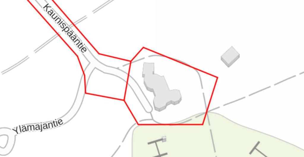 3.1.3 Rakennettu ympäristö Asemakaavan muutosalueella (merk. punaisella) on Kaunispään huipun ravintolarakennus, polkuja sekä asfaltoitua parkkialuetta.