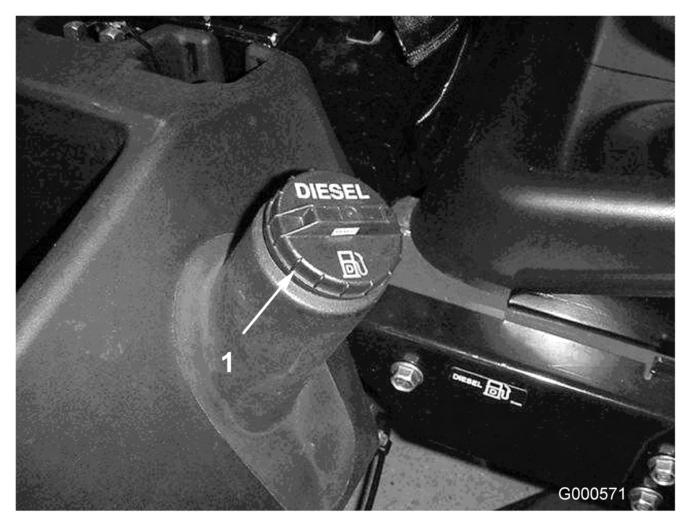 Täytä säiliö noin 25 mm säiliön ei täyttökaulan yläreunan alapuolelle dieselpolttoaineella (nro 2). Asenna sitten korkki. 1. Paisuntasäiliö Kuva 13 2. Tarkista jäähdyttimen jäähdytysnesteen määrä.