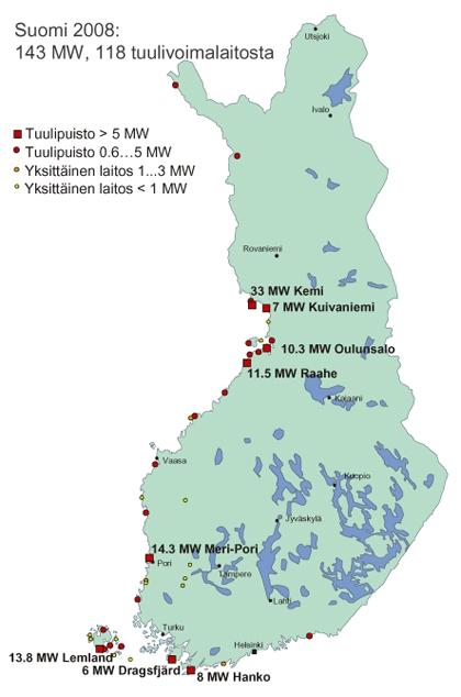 -15- Kuva 2. Suomen tuulipuistot vuonna 2008 (VTT 2008). 1.3 Sijoittelun tekniset perusteet 1.3.1 Tuuliolosuhteet Käynnistyäkseen tuulivoimala tarvitsee vähintään 3 m/s tuulen nopeuden.