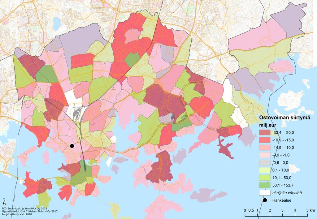 FCG SUUNNITTELU JA TEKNIIKKA OY Loppuraportti 12 (30) 3.2 Erikoiskauppa Kuva 9. Päivittäistavarakaupan euromääräinen ostovoiman nettosiirtymä Helsingissä osaalueittain 2016 (A.C.Nielsen Finland Oy ja Tilastokeskus) Erikoiskauppa on Helsingissä keskittynyt suurimpiin keskuksiin.