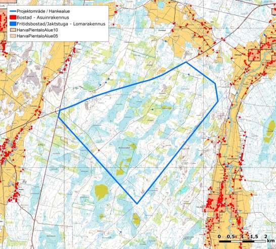 10(19) Kuva 8. Vakituiset ja vapaa-ajan asuinrakennukset sekä asutusalueet kahden kilometrin etäisyydellä hankealueesta.
