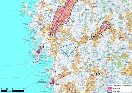 7(19) Kuva 5. RKY 2009 ja RKY 1993-kohteet 20 kilometrin säteellä hankealueesta. Hankkeen maisemavaikutukset selvitetään tutkimalla maiseman sietokykyä maisema-analyysin avulla.