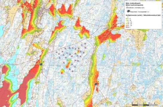 8(19) Kuva 6. Näkyvyysmallinnus ja valokuvauspisteet hankevaihtoehdossa 1. Näkyvyys on mallinnettu 40x40 km laajuiselle alueella voimalaitosten napakorkeuden perusteella.