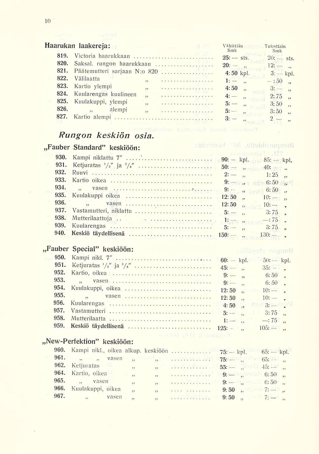 l ; kpl Haarukan laakereja: vähittäin Tukuttain 819 Victoria haarukkaan 25: sts 20: sts 820 Saksal rungon haarukkaan 20: 12: 821 Päätemutteri sarjaan N:o 820 4:50 kpl 3: kpl 822 Valtiaatta _ j 50 823