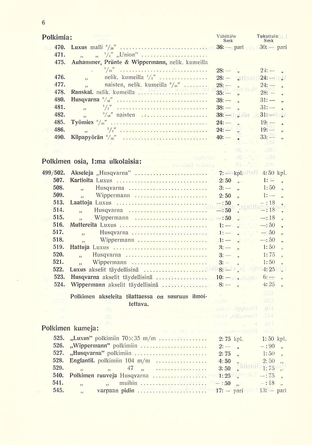 2:75 31: 31: 19: 19: : : 1:75 1:50 6: 2:50 1:75 Poikimia: Vähittäin Tukuttain bmk bmk 470 Luxus 9 malli / M 36: pari 30: pari 471 Vj Union 475 Auhammer Priinte & Wippermann nelik kumeilla 28: 21: Vie