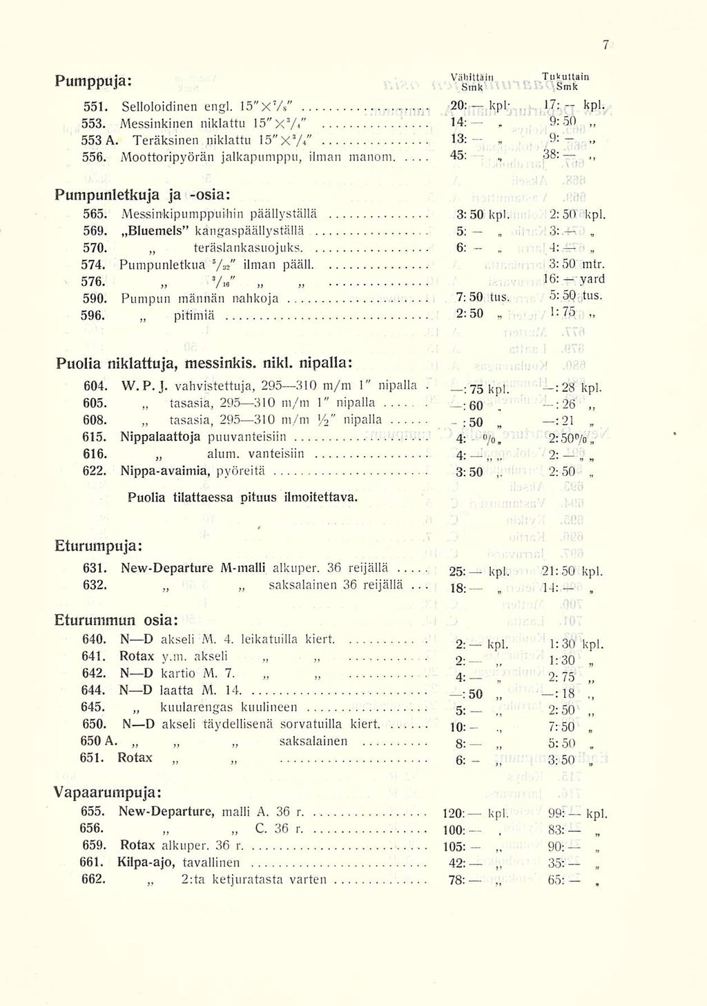 18: 9:50 9; 38: 2:50 14: 3:50 Piminniiia Vähittäin Tukuttain pumppuja 551 Selloloidinen engl 15X 7 / S 20: kpl 17: kpl 553 Messinkinen niklattu 15 X 3/» 14: 553 A Teräksinen niklattu 15 X 3//' 13: