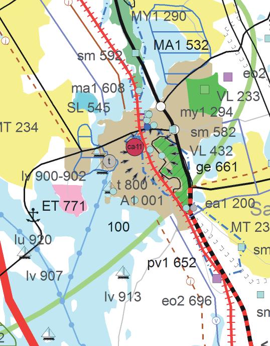 Ote maakuntakaavasta Yleiskaava: Kirkonkylän osayleiskaavassa 2030 kaavamuutosalue on osoitettu teollisuus- ja varastoalueeksi (T).