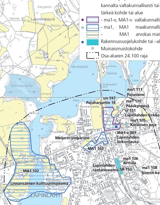 kulttuuriarvojen turvaaminen ja ominaispiirteiden säilyttäminen." Merkinnän rajaus on sama kuin maakuntakaavan kulttuurimaisemakohteella MA1 24.102. Asemakaava: Korttelissa 110 on voimassa 23.2.2009 hyväksytty asemakaava.