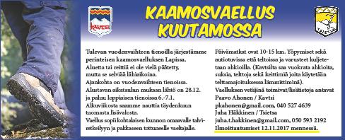 LUMILEIRI VIIKKO 48 SUSIKYRÖ Olen viikolla 48 Susikyrössä tavoitteena kestävyyden kehittäminen tulevia talvivaelluksia varten.