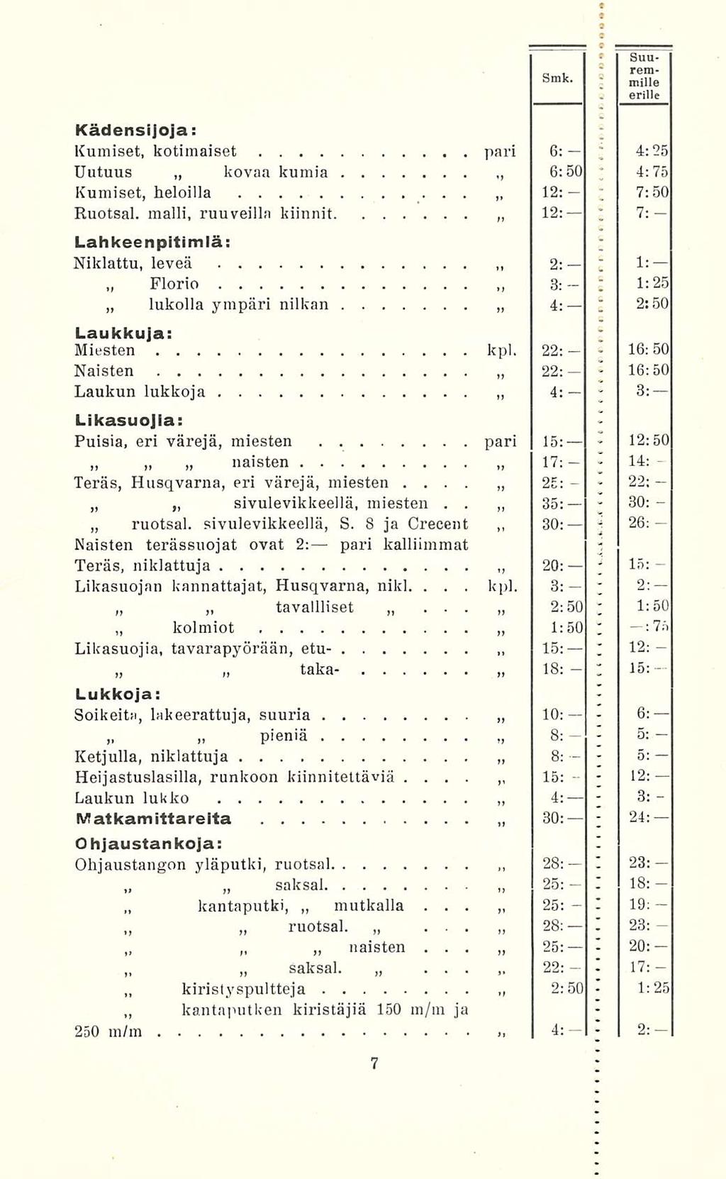 kantaputki, kiristyspultteja kpl, ij ; 16; 14: 12: % 7: 3: I Suuremmille (j e erille o o Kädensijoja: Kumiset, kotimaiset pari ' 6: 4:25 Uutuus kovaa kumia 6:50 \ 4:75 Kumiset, heloilla 12: 7:50