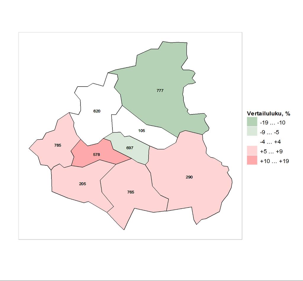 Kartta 1. Vertailutieto koko maan tilanteeseen nähden vammojen ja myrkytysten aiheuttamien hoitojaksojen osalta alueen kunnissa vuosina 2007-2011.