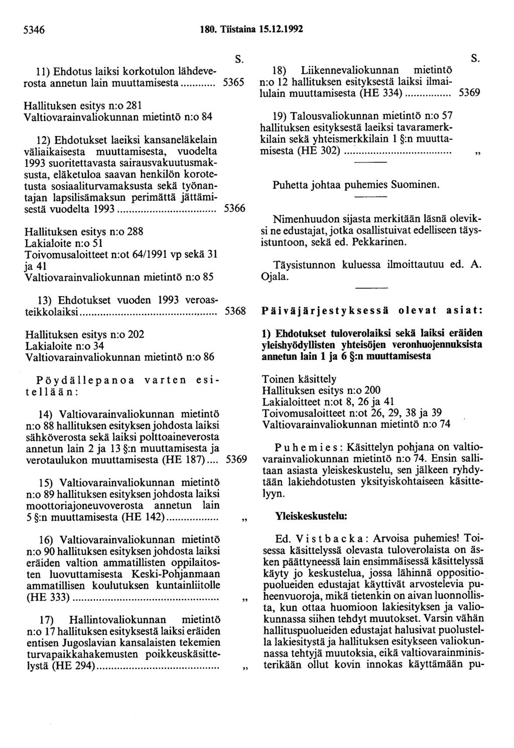 5346 80. Tiistaina 5.2.992 S. ) Ehdotus laiksi korkotulon lähdeverosta annetun lain muuttamisesta.