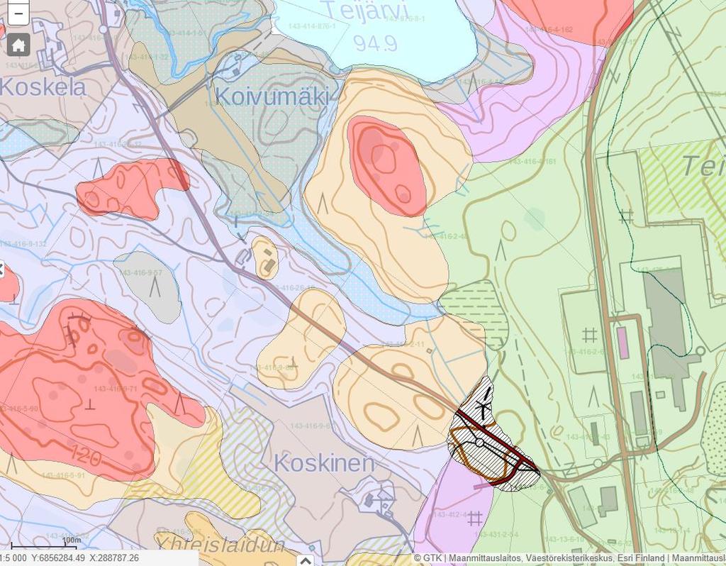 5 Topografia, maaperä ja rakennettavuus. Enimmäkseen maasto laskee loivasti länteen. Länsireunassa rinne jyrkkenee.