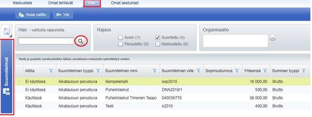 Laskuarkisto Maksusuunnitelmaan täsmäytyneet laskut: maksusuunnitelmaan täsmäytyneet laskut löytyvät Haesivulta kohdasta Suunnitelmat.