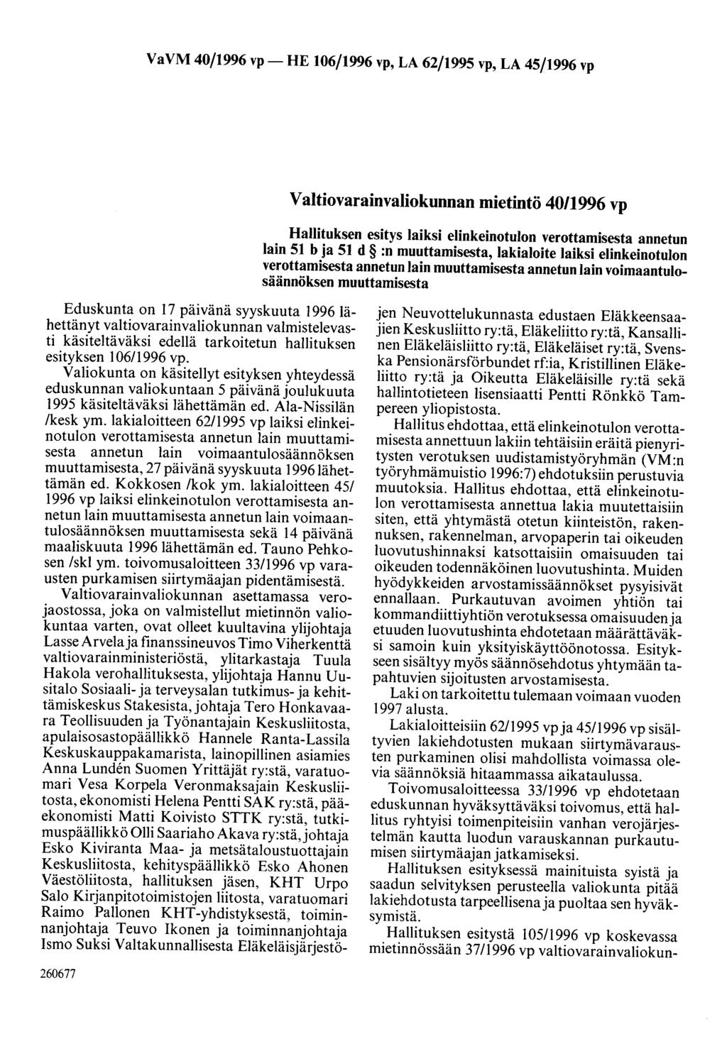 VaVM 40/1996 vp- HE 106/1996 vp, LA 62/1995 vp, LA 45/1996 vp Valtiovarainvaliokunnan mietintö 40/1996 vp Hallituksen esitys laiksi elinkeinotulon verottamisesta annetun lain 51 b ja 51 d :n