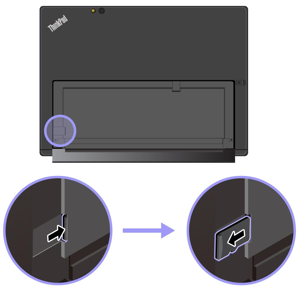 MicroSD-kortin poisto: 1. Käännä jalusta auki ja etsi microsd-korttipaikka. 2. Työnnä microsd-korttia sisäänpäin, kunnes kuulet napsahduksen. MicroSD-kortti ponnahtaa ulospäin korttipaikasta. 3.