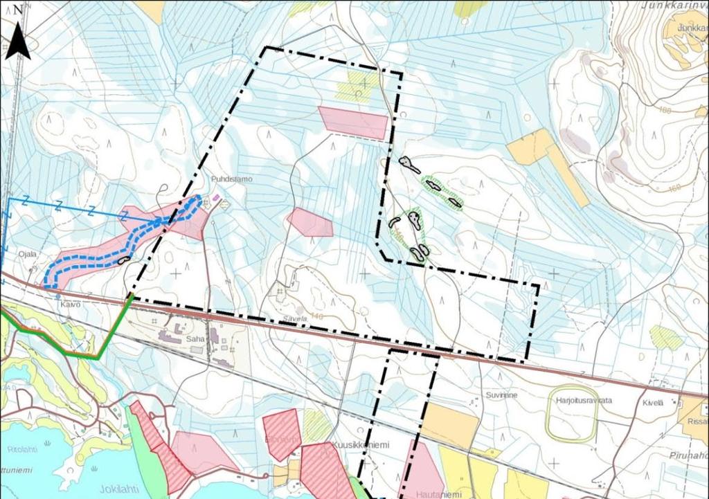 Kuva 19-19. Hankealueella ja lähistöllä maastotöissä havaitut ja tiedossa olevat luonnon kannalta huomioitavat kohteet.