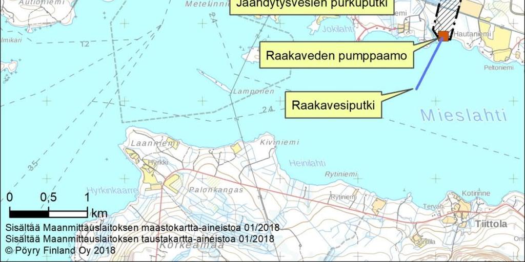 Jalostamon raakaveden pumppaamo sijoittuu Oulujärven Mieslahden rannalla Kajaanintien eteläpuolella, mutta muutoin jalostamon toiminnot sijoittuvat Kajaanintien pohjoispuolelle. Kuva 4-1.