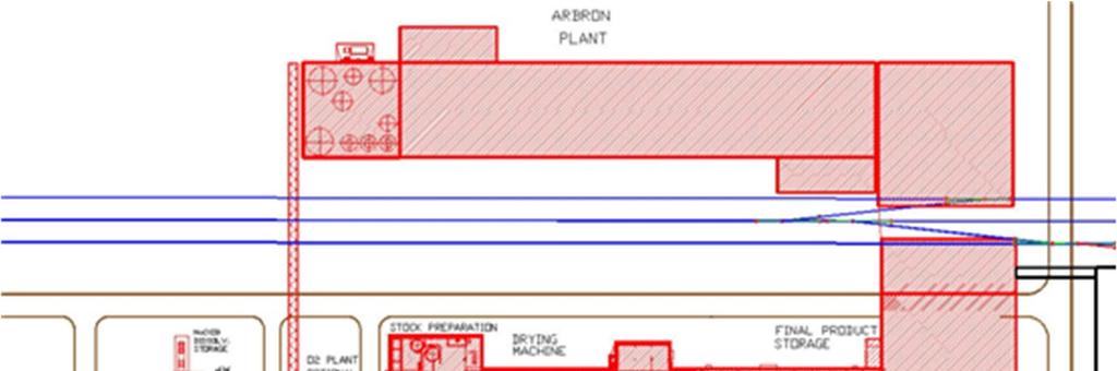 vassa 7-8 on esitetty laitos maksimilaajuudessa vastaten 400 000 t/a tuotantokapasiteettia. Kuva 7-8. Arbron laitos vastaten 400 000 t/a kapasiteettia.