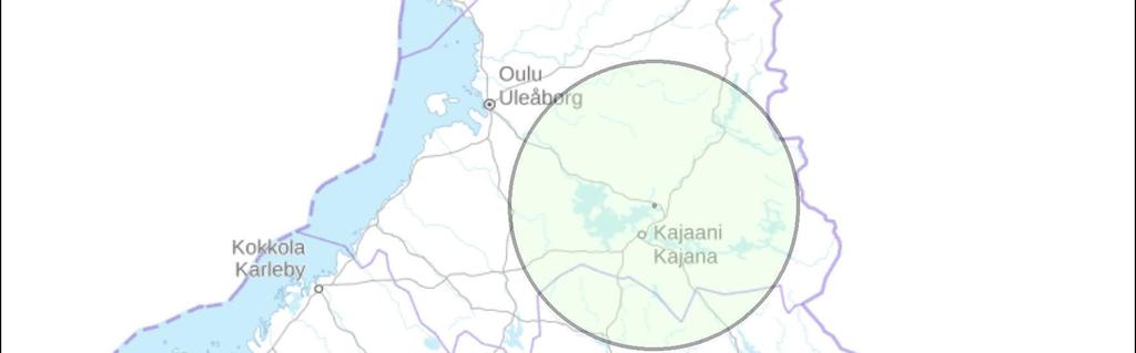 Kuva 8-1. Biojalostamon todennäköinen raaka-aineen hankinta-alue (vihreä, 100 km vyöhyke tehdasalueesta).