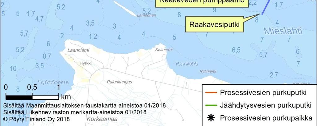 Mieslahden pohjoisranta, johon raakavesiottamon imuputki upotetaan, on matalaa (syvyys noin 1-2 metriä). Varsinainen vedenottopaikka on Mieslahden keskellä, missä syvyyttä on noin 8 metriä.