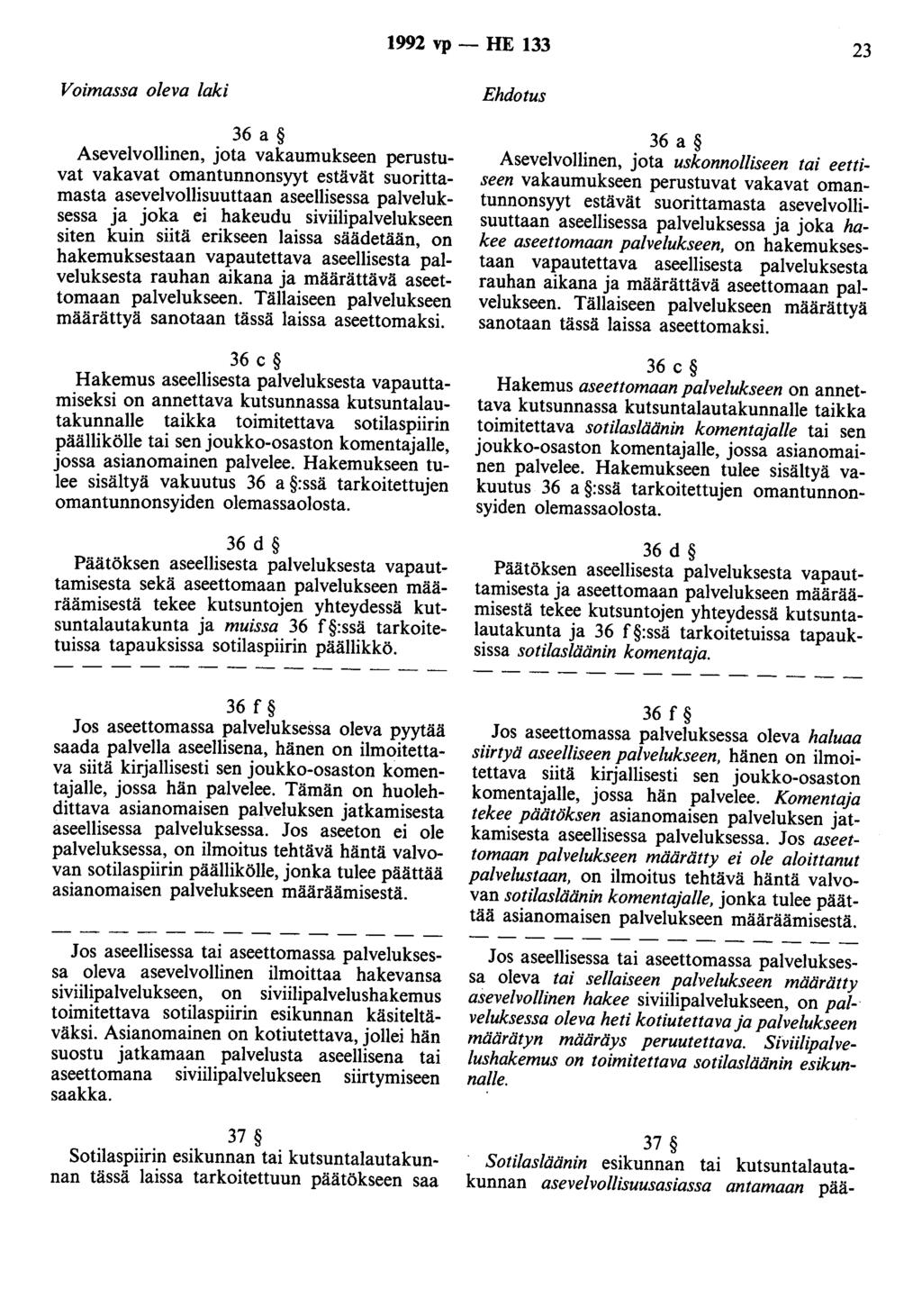 1992 vp - HE 133 23 Voimassa oleva laki 36 a Asevelvollinen, jota vakaumukseen perustuvat vakavat omantunnonsyyt estävät suorittamasta asevelvollisuuttaan aseellisessa palveluksessa ja joka ei