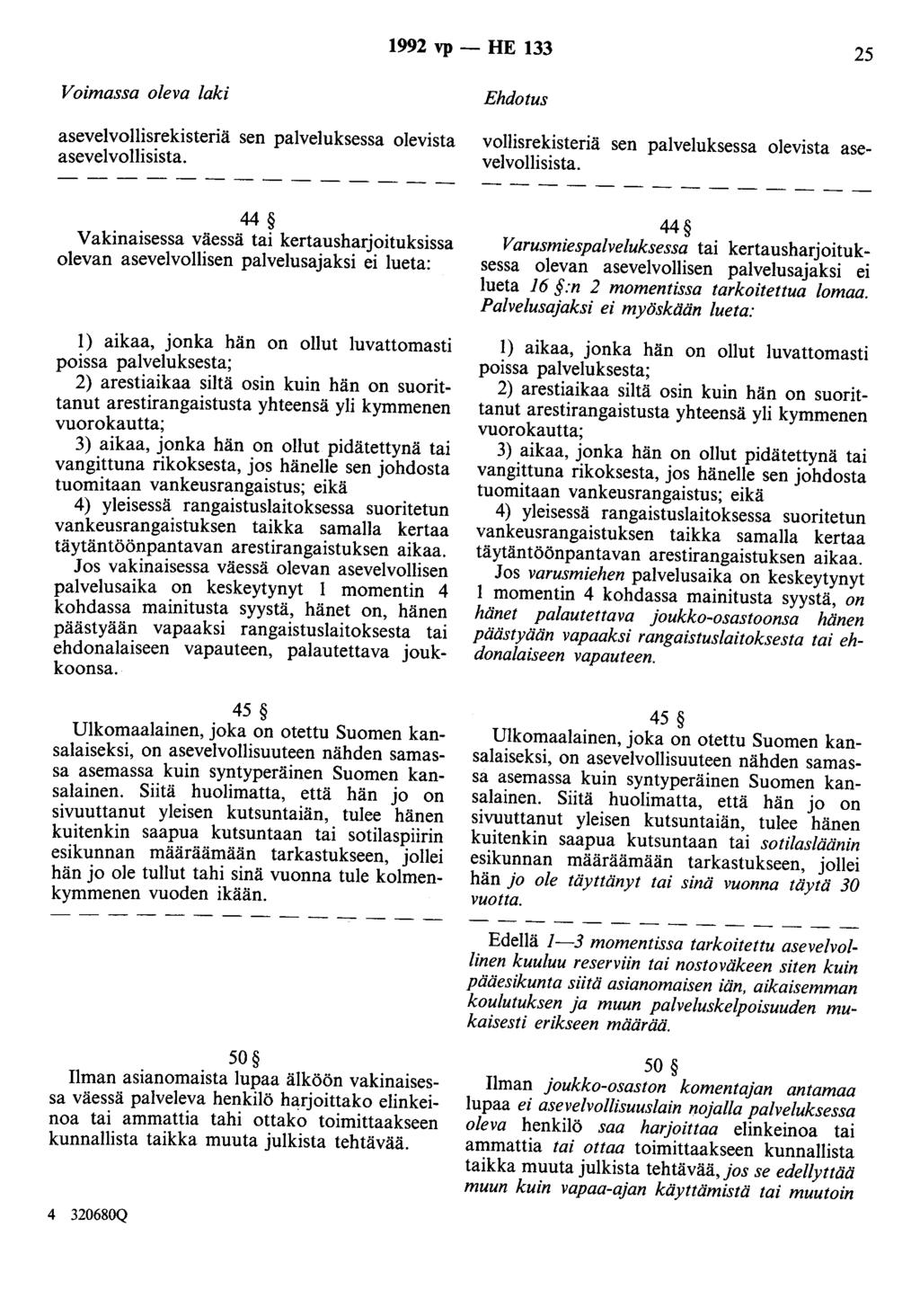 1992 vp- HE 133 25 Voimassa oleva laki asevelvollisrekisteriä sen palveluksessa olevista asevelvollisista. Ehdotus vollisrekisteriä sen palveluksessa olevista asevelvollisista.