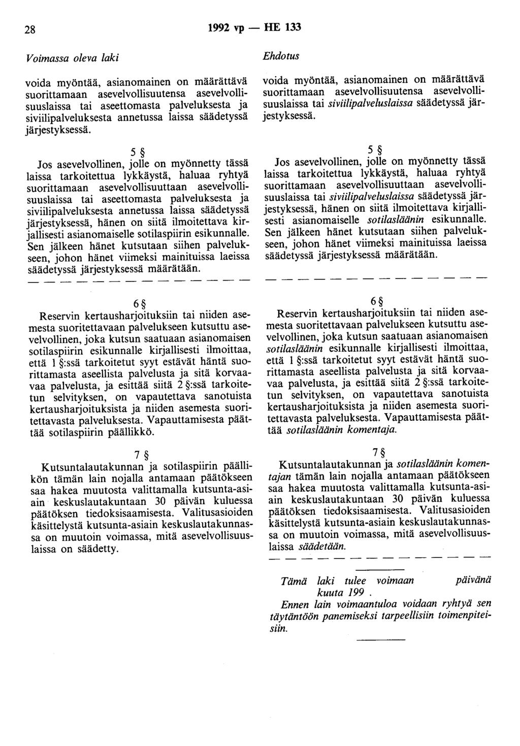 28 1992 vp- HE 133 Voimassa oleva laki voida myöntää, asianomainen on määrättävä suorittamaan asevelvollisuutensa asevelvollisuuslaissa tai aseettomasta palveluksesta ja siviilipalveluksesta