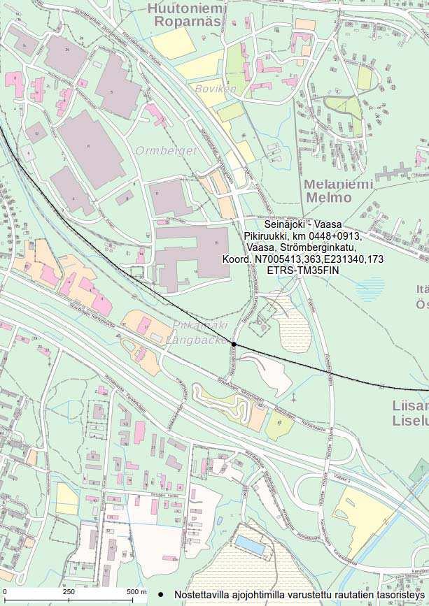 LIIKENNEVIRASTO OHJE LIITE 3 Tasoristeys Pikiruukki, Vaasa, lisätiedot ja kartta Pikiruukki Vaasa, Strömberginkatu välillä Rantamaantie Dynamotie Rataosa: Seinäjoki Vaasa Ratakilometri: 488+0913