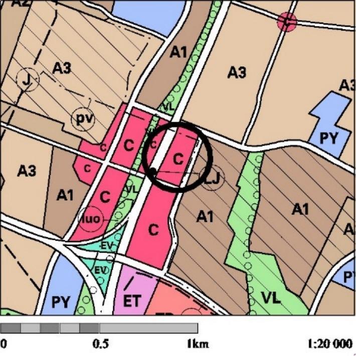 keskustatoimintoja (punainen neliö), tiivistettävää aluetta (ruudukko) sekä