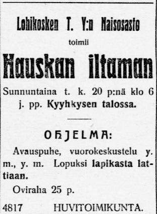 Kuva 14. Ilmoitus iltamista (Sorretun Voima nro 142, 1908). Lapikasta lattiaan! -sanonta ei jäänyt pelkäksi fraasiksi. Georg Malmsten sävelsi samannimisen polkan, johon sanat teki Reino Ranta (R. R. Ryynänen).