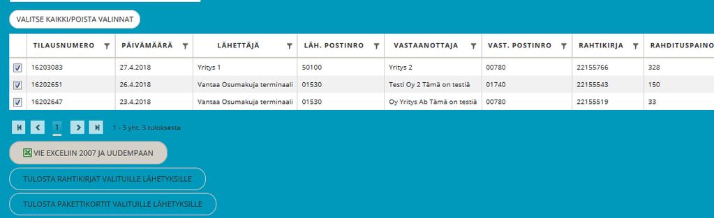 Tilaukset voidaan viedä Exceliin, jos käyttäjällä on riittävät oikeudet.