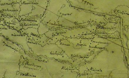 22 Vuokin reitti Claessonin kartan mukaan. Vuokinlatvan sijainti todetun reittikulun pohjoispuolella. Kansallisarkisto.
