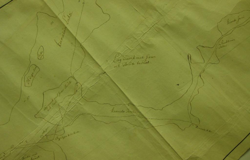 24 III b 2. Sarvitaipaleen reitti Claessonin kartassa on kuvattu Sarvitaipaleelle johtava vesistö sekä Sarvitaival merkkinä rajanylityskohdasta.