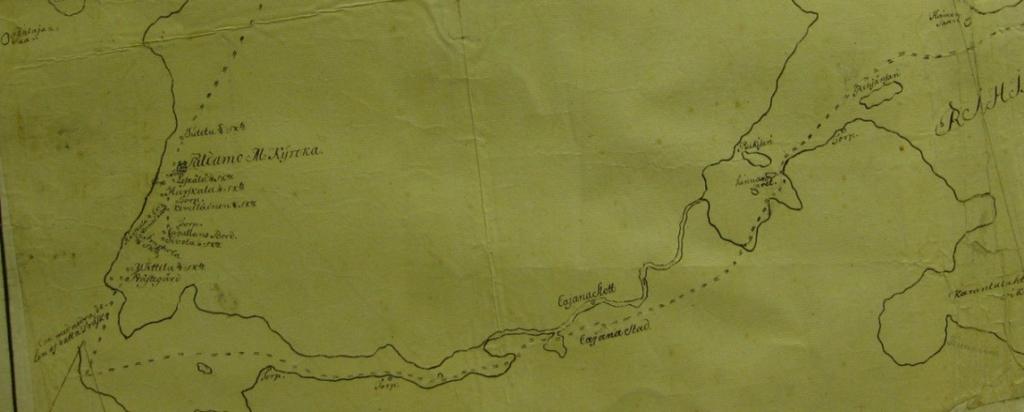 26 Claessonin karttaan merkattu reitti kulkee Lentuan kautta kohti Kivijärveä (nykyinen Kiitesjärvi), Miinoan rajakivelle.