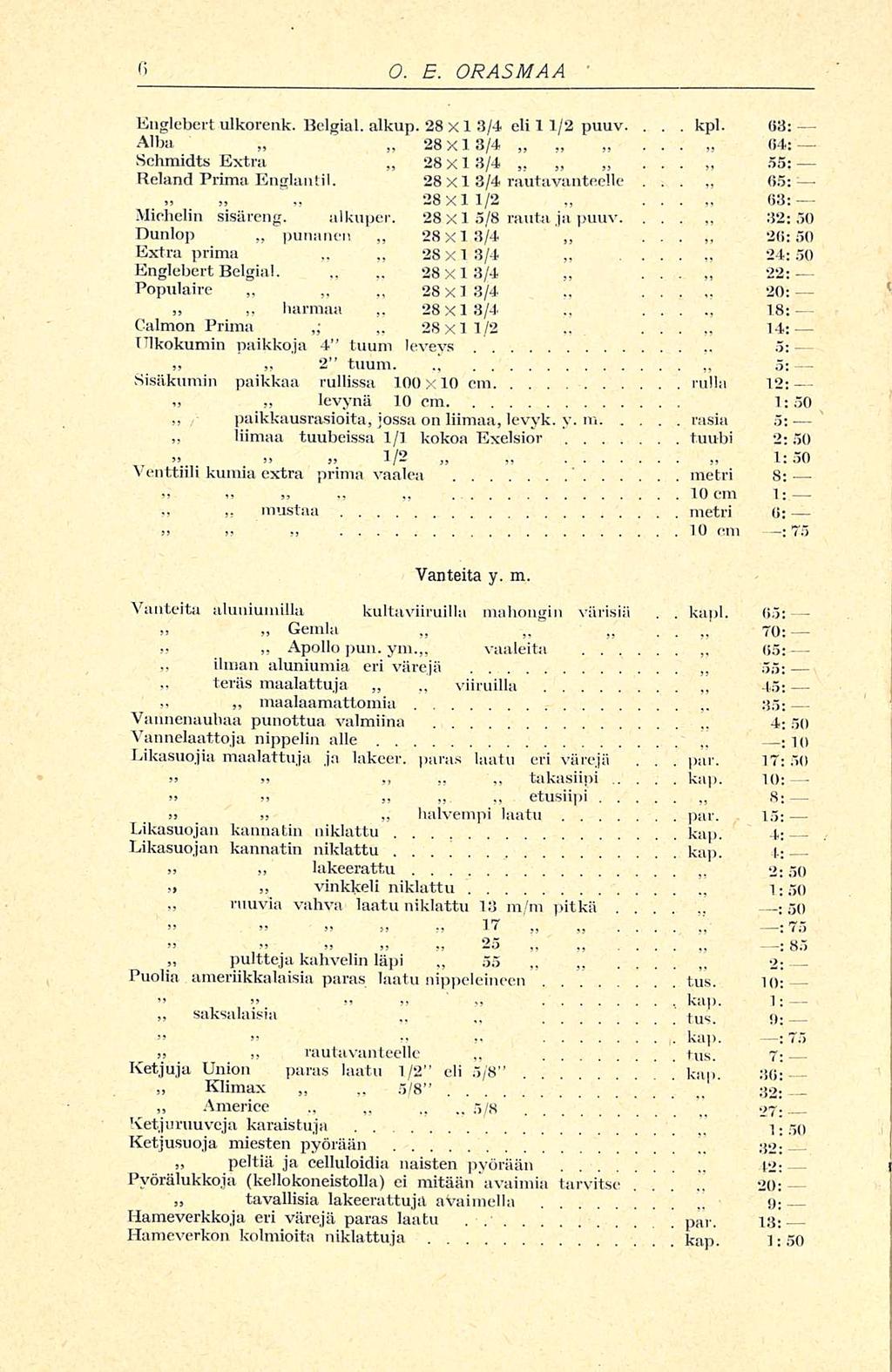 ilman teräs _ pultteja _ a punanen 28x13/4 28 53 kap O E ORASMAA Englebert ulkorenk Belgial alkup 28 x X 3/4 eli 1 1/2 puuv kpl 03; Alba 28x13/4 04: Schmidts Extra x 13/4 55; Reland Prima Englanti!