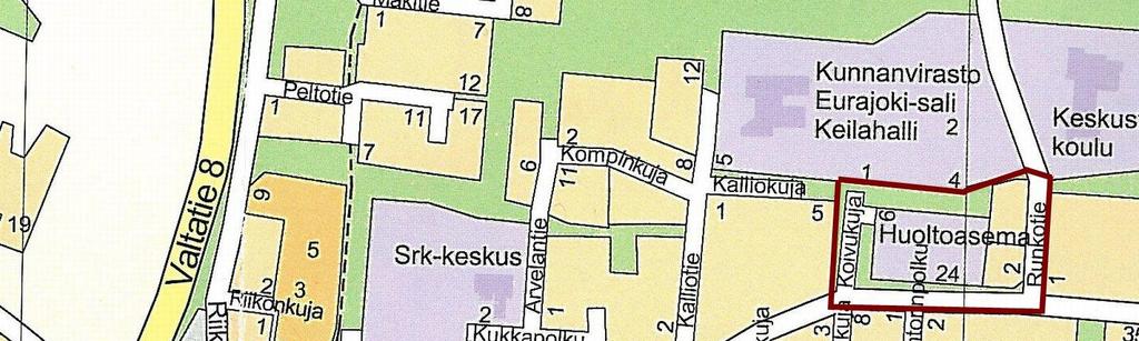 Alue sijaitsee Kirkkotien pohjoispuolella, Runkotien ja Koivukujan välissä. Suunnittelualueen sijainti. 2.