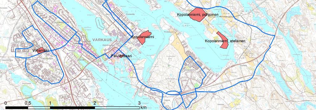 4 Selvitysalueet suhteessa tekniseen verkostoon Varkauden vesihuolto-, sähkö- ja kaukolämpöverkostot kattavat suuren osan Varkauden keskusta-alueesta, mutta eivät kaikkia työn tarkastelualueita.