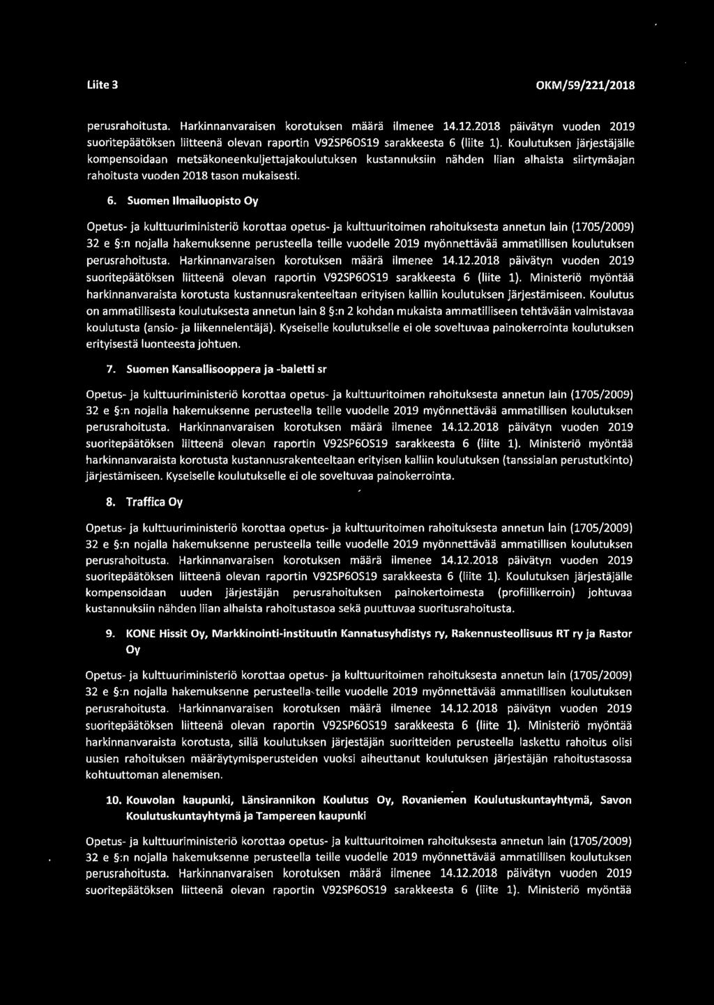 Suomen llmailuopisto Oy Opetus- ja kulttuurlmlnisterio korottaa opetus- ja kulttuuritoimen rahoituksesta annetun lain (175/29) 32 e :n nojalla hakemuksenne perusteella teille vuodelle 219