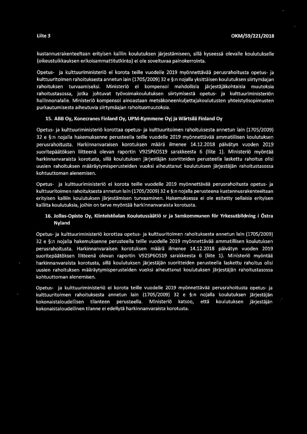 Opetus- ja kulttuurlmlnlsterlo ei korota teille vuodelle 219 myonnettavaa perusrahoitusta opetus- ja kulttuuritoimen rahoituksesta annetun lain (175/29) 32 e :n nojalla vkslttalsen koulutuksen