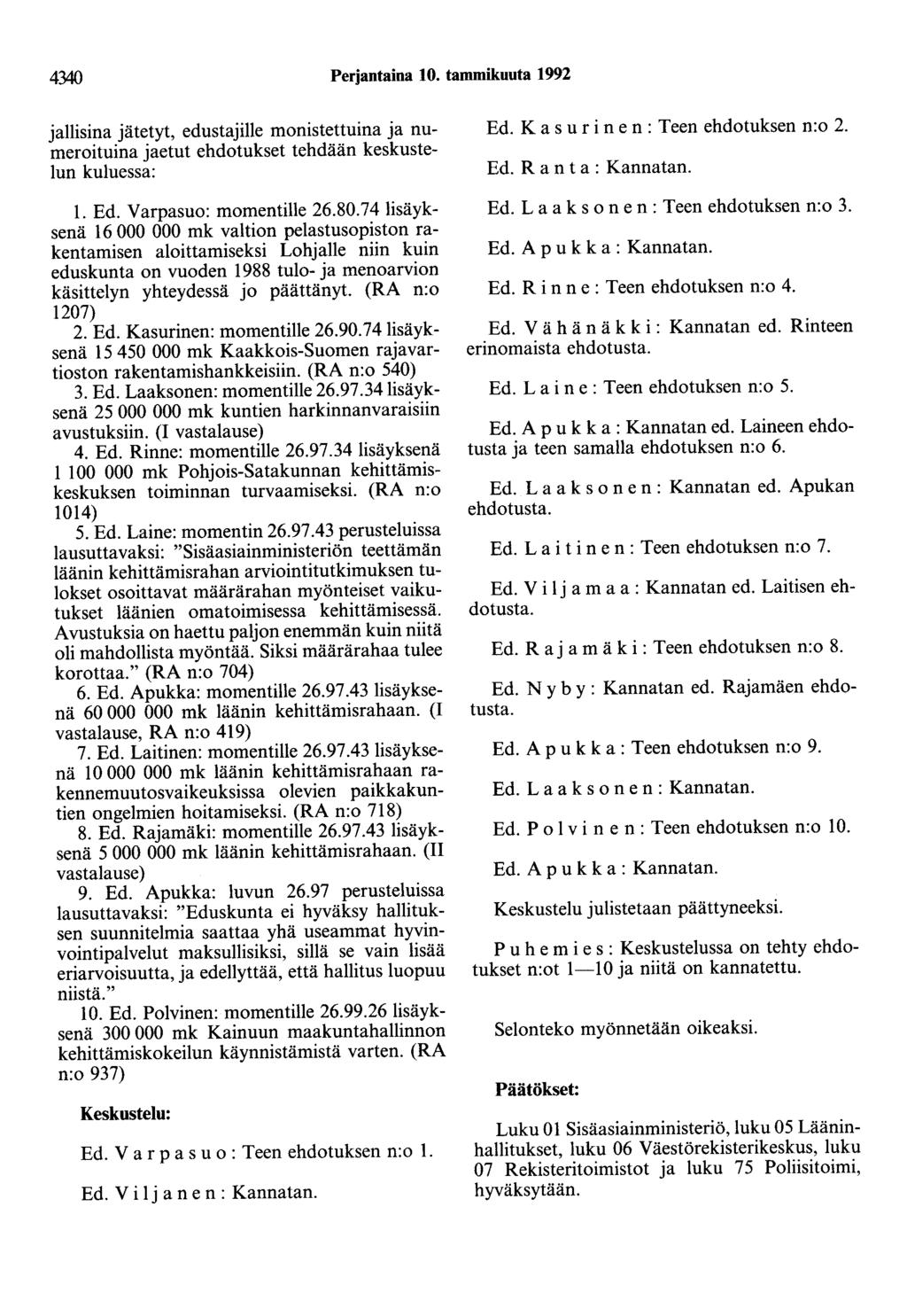 4340 Perjantaina 10. tammikuuta 1992 jallisina jätetyt, edustajille monistettuina ja numeroituina jaetut ehdotukset tehdään keskustelun kuluessa: 1. Ed. Varpasuo: momentille 26.80.