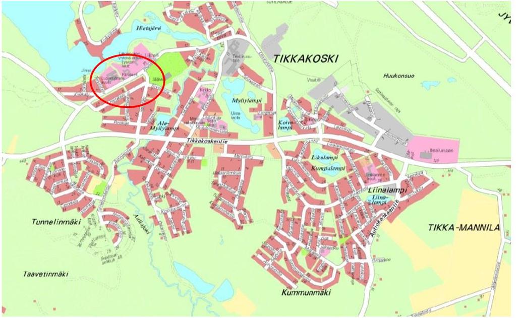 14 4 TUTKIMUSKOHTEEN KUVAUS Kuva 11. Tikkakoski on noin 5000 asukkaan taajama, joka sijaitsee 22 kilometriä Jyväskylästä pohjoiseen. Kuvasta on ympyröity tutkimuskohteen sijainti.