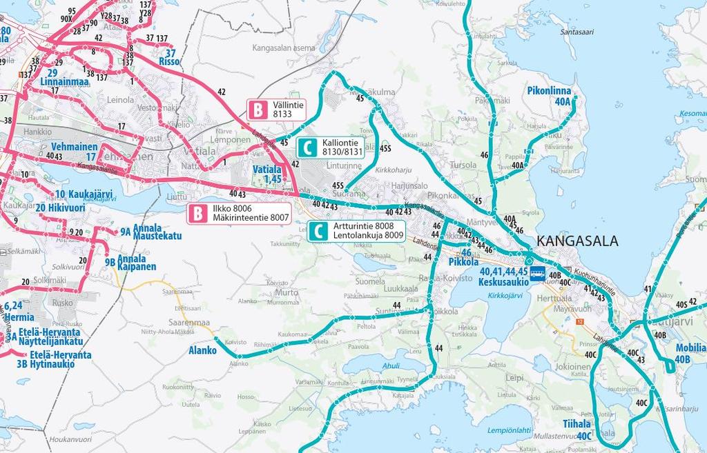 Kuva 5. Suunnittelualueen seutu- ja paikallisliikenteen linjat ja pysäkit talvikaudella 2017 2018 (Tampereen seudun joukkoliikenne Nysse 2018).