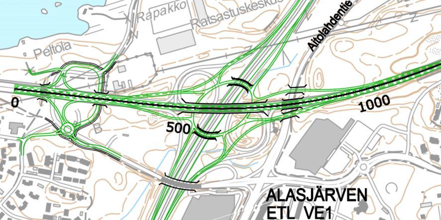 Kuva 35. Alasjärven eritasoliittymän vaihtoehto 1, kolmitasoinen kiertoeritasoliittymä.