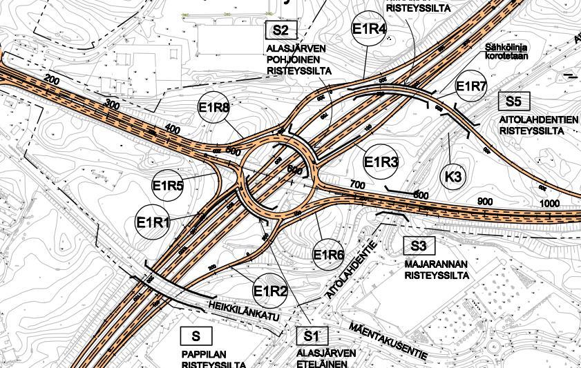 Kuva 38. Alasjärven eritasoliittymän vaihtoehto 4, lisärampilla täydennetty kaksitasoinen kiertoeritasoliittymä.