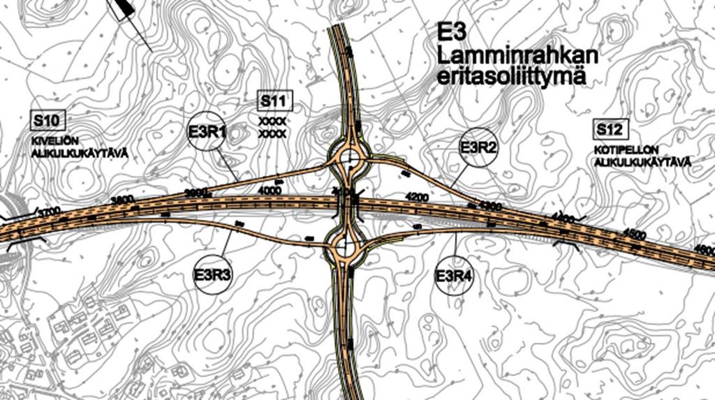 2.3.3 Lamminrahkan eritasoliittymä Uudelle Lamminrahkan eritasoliittymälle on tarkasteltu yhtä kaavojen tilavarausten mukaista ratkaisua, jossa on suorat rampit