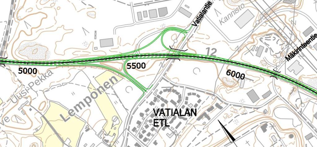 4 Vatialan eritasoliittymä Vatialan eritasoliittymän kohdalla tarkasteltiin kolmea vaihtoehtoa.