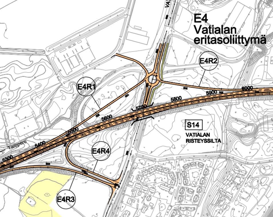 Vatialan eritasoliittymän vaihtoehto 1B Vaihtoehto 2 Vaihtoehdossa 2 valtatien pohjoispuolella olevat rampit muutettu suoraksi.